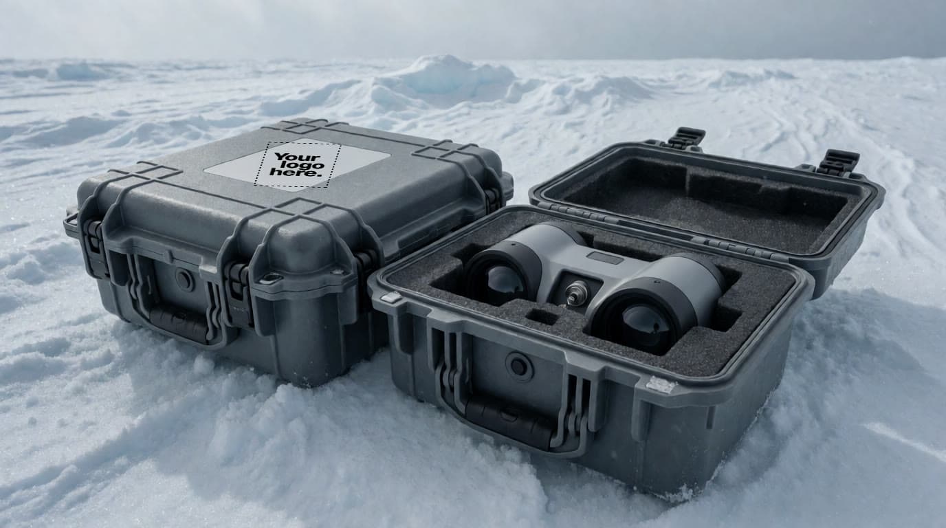 Render of two grey hard instrument cases on snow, one closed with a "Your logo here" placeholder on the lid, one open with a scanner in foam