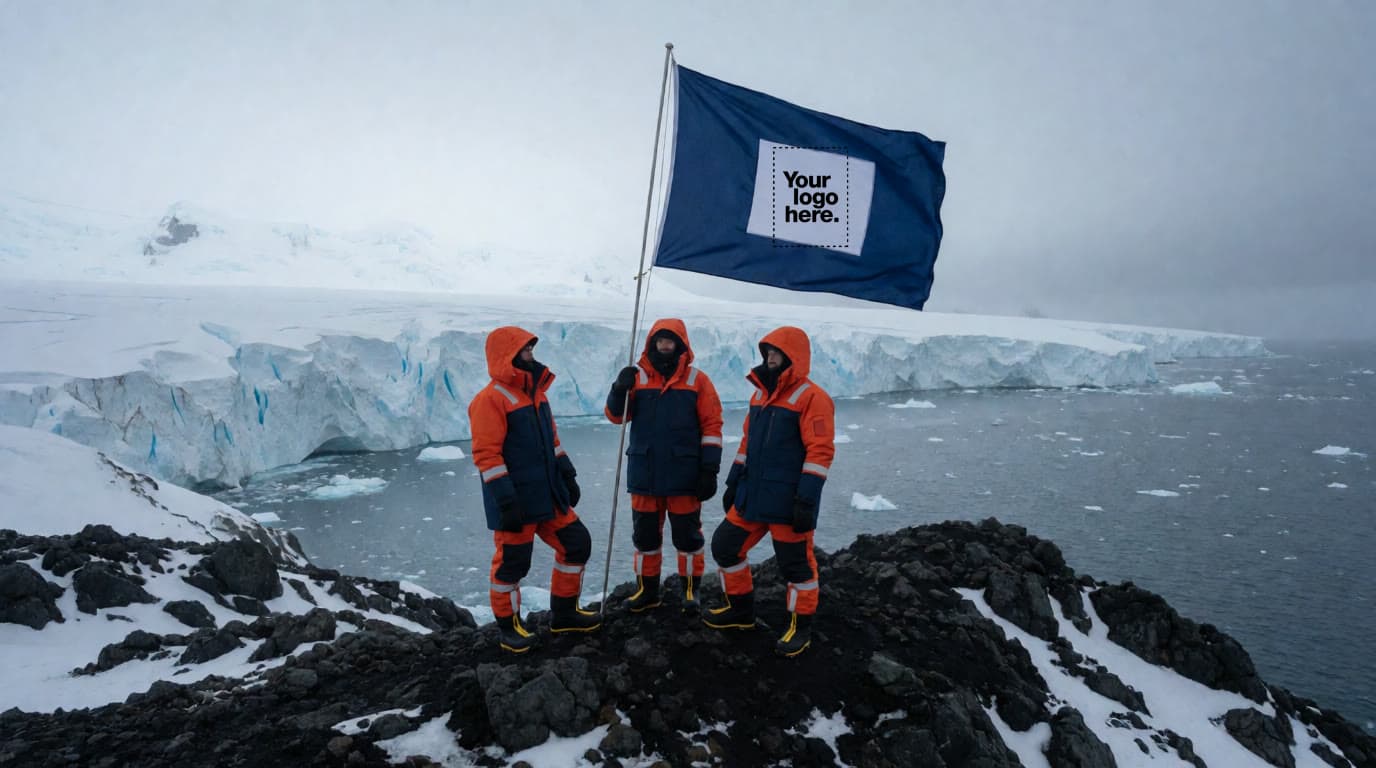 Render of three expedition members on a dark ridge above a glacier front, holding a navy flag with a "Your logo here" placeholder on its panel