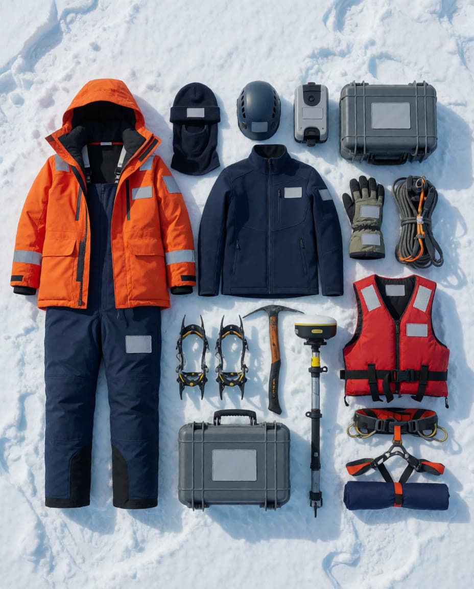 Render of an Antarctic field kit laid out on snow: orange parka, navy salopette and softshell, beanie, helmet, gloves, red life vest, harness, crampons, ice axe, rope, two hard cases, a GNSS rover and a rolled navy flag, each with a blank logo patch