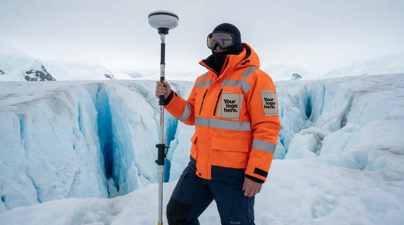 Render of a field operator in an orange expedition parka holding a GNSS pole on a crevassed glacier, with "Your logo here" placeholders on chest and sleeve