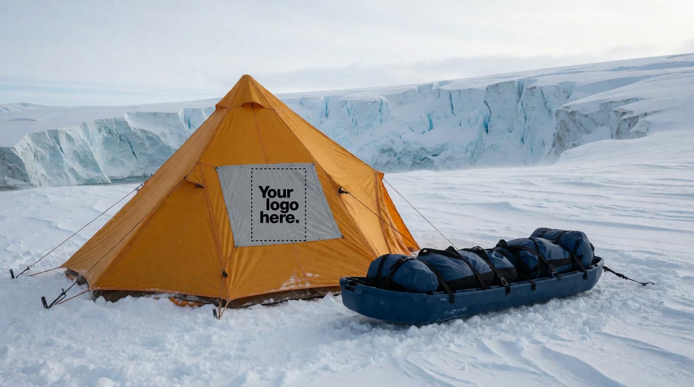 Render of an orange polar pyramid tent on snow at the edge of a glacier, a loaded navy sled beside it, with a "Your logo here" placeholder on the fly