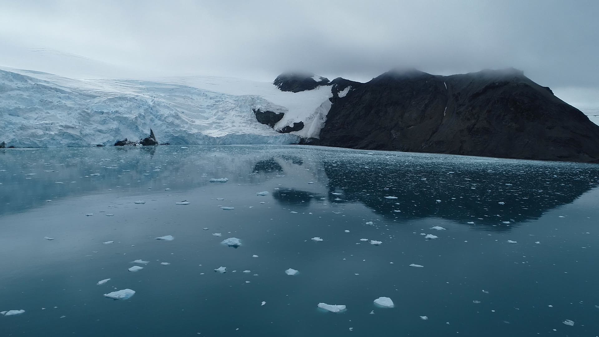 Glacier front behind dark rock, still water and floating ice in the foreground