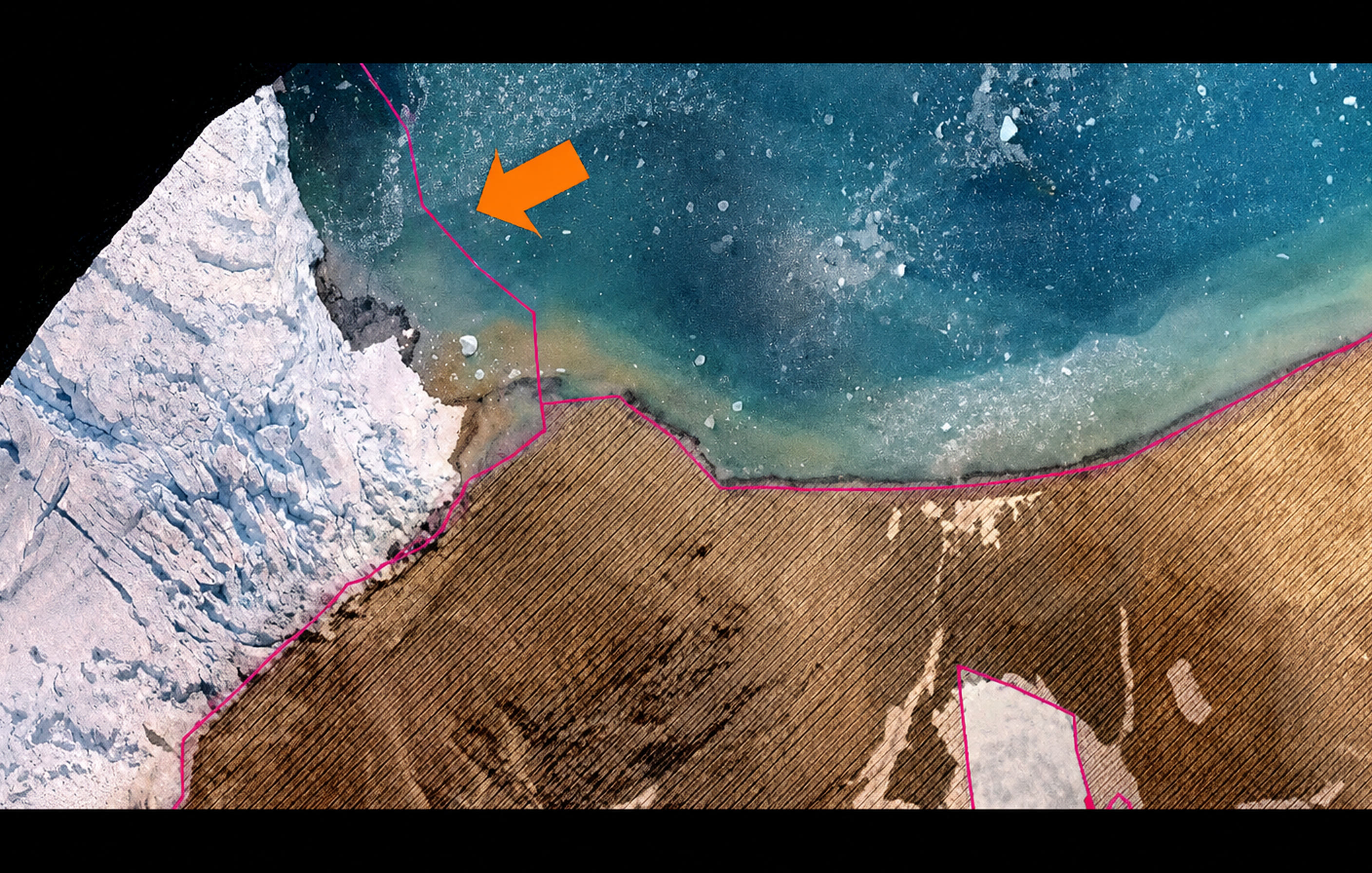 Orthophoto detail of the Znosko glacier front NE zone, January 2019 campaign, front line marked
